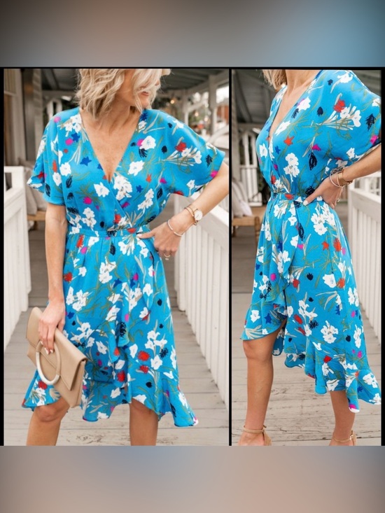 J. Crew Dresses & Skirts - J. Crew Bright Blue Floral Wrap Midi Dress Size S fit S/M